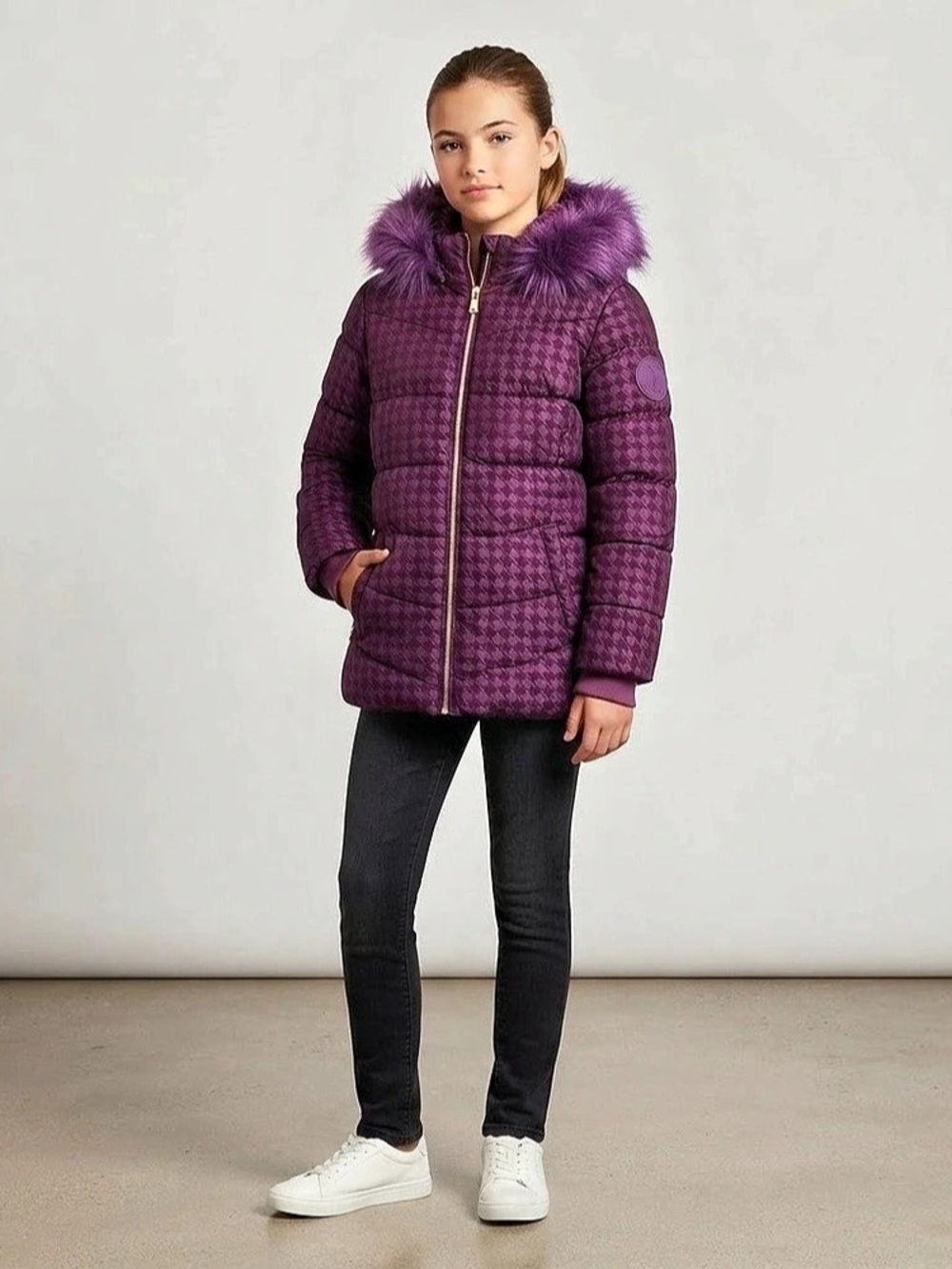Juicy Couture Girls Purple Houndstooth Puffer Jacket Size Large